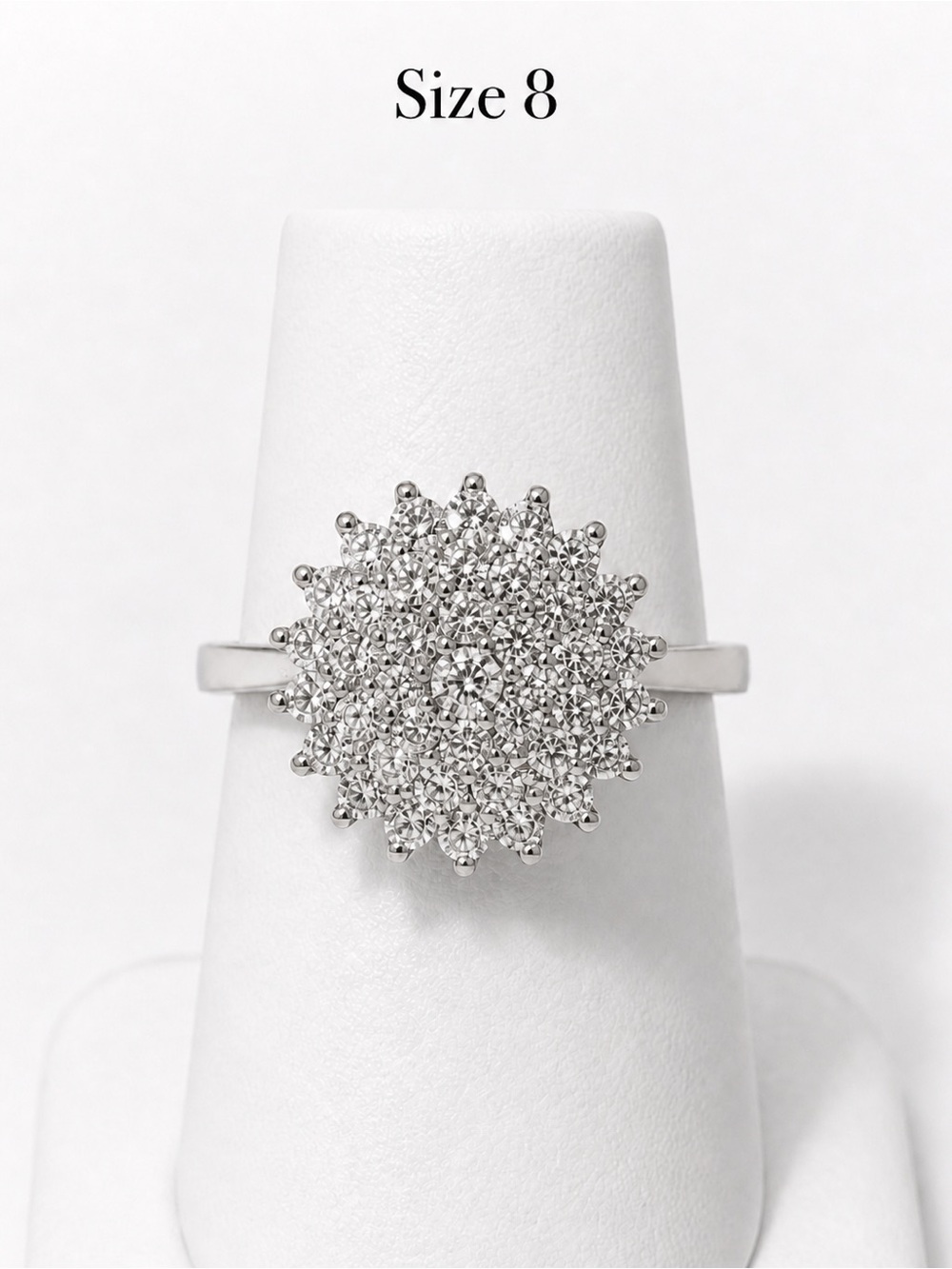 Sterling Silver White Cluster Diamond Ring - Size 8